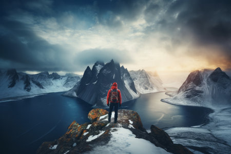 Conquering the Summit: The Thrilling Adventure of a Mountaineer Standing Victorious on a Snowy Peakの素材