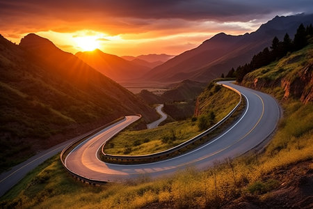 Sunset Splendor: A Captivating View of an Asphalt Road and Majestic Green Mountain Sceneryの素材