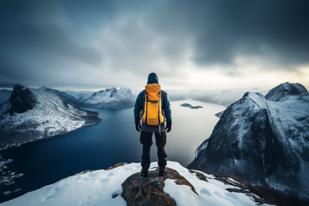 Conquering the Summit: The Thrilling Adventure of a Mountaineer Standing atop the Snowy Mountain W_98の素材