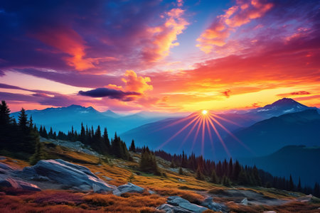 Spectacular Mountain Scenery and Vibrant Sunset: The Enchanting Beauty of the Outdoorsの素材