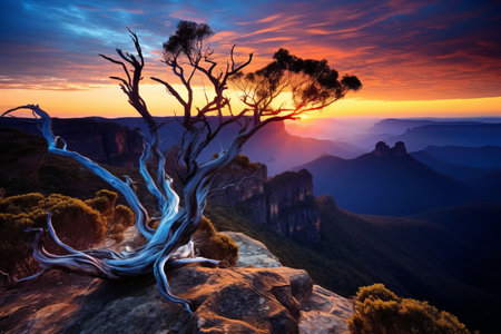 Serenity's Embrace: The Enchanting Sunset over the Tree Sisters in Australia's Blue Mountainsの素材
