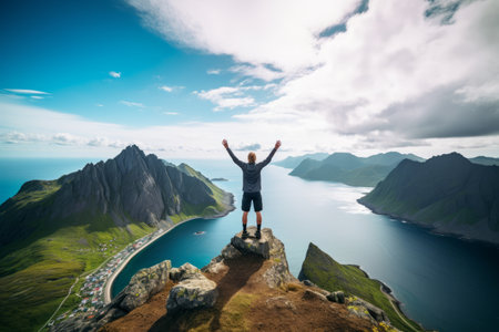Summiting Serenity: Capturing the Magnificent Journey of a Young Adventurer in Norway's Lofoten Islandsの素材