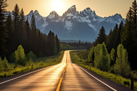 Journey Towards the Majestic Grand Tetons: A Breathtaking Pathway Through Pine Forests and Sunlit Mountainsの素材