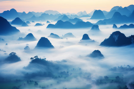 Majestic Mountains: Enchanting Nature Scenery Veiled in Morning Mistの素材