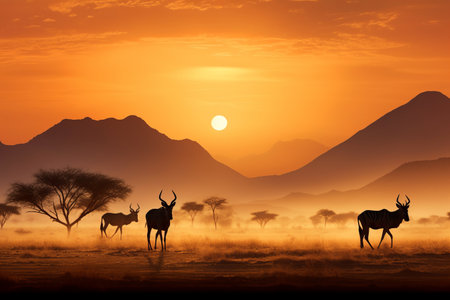 Majestic African Sunset: Silhouettes of Mountains Paint the Landscapeの素材