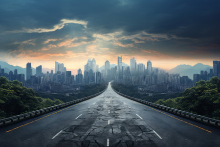 Journey Through the Urban Wilderness: Exploring the Asphalt Road and Majestic Mountain with City Skyline Sceneryの素材
