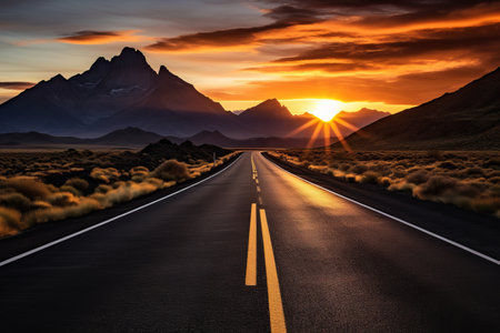 Serene Sunrise: A Breathtaking Blend of Asphalt Highway, Majestic Mountains, and City Skylineの素材