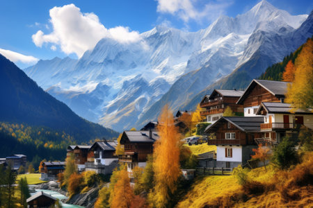 Serene Scenes of an Alpine Village in Autumn Mountainsの素材