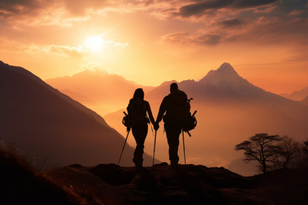 Empowering Partnership: Silhouetted Asian Couple Embracing Nature's Challenge in Majestic Sunlit Mountainsの素材