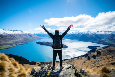 Triumphant Asian Adventurer Conquers Roy's Peak at Lake Wanaka - The Thrilling Journey to Glory!の素材