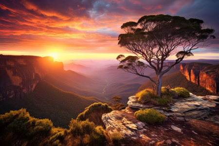 Surreal Beauty: Captivating Sunset at Tree Sisters, Blue Mountains, Australiaの素材