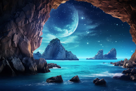 A Serenade of the Night Sky: The Arched Milky Way Illuminates Majestic Mountains, Crystal Blue Sea, and a Kaleidoscope of Colors in a Summer Landscapeの素材