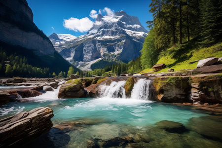 The Breathtaking Beauty of Turquoise Oeschinnensee: A Captivating Journey with Waterfalls and Swiss Al_96の素材