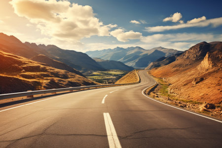 Journey Along the Asphalt Road: A Picturesque Landscape with Rocks, Sunny Sky, and Cloudsの素材