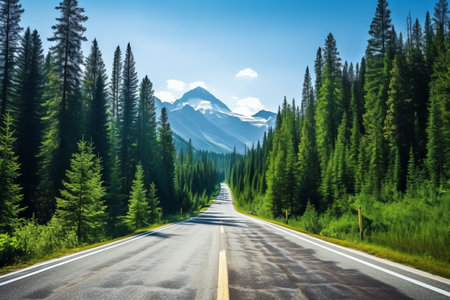 Serenity Amidst Nature's Masterpiece: Exploring the Idyllic Beauty of an Asphalt Road and Lush Green Forest with Majestic Mountain Sceneryの素材