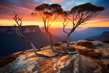 Serenity Captured: Tree Sisters in Blue Mountains, Australia Sunsetの素材