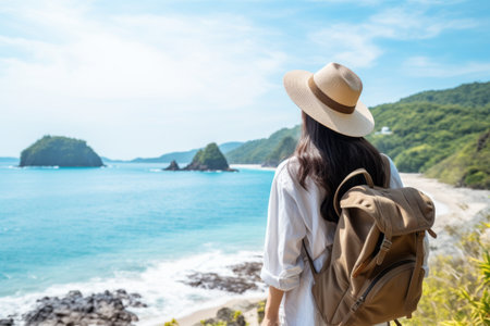 Exploring the Enchanting Tropics: Adventurous Asian Woman Roams with Backpack and Finds Blissful Solace on a Tropical Islandの素材