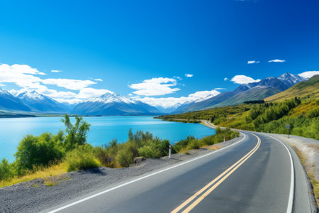 Majestic Mountain Range and Serene Lake: A Breathtaking Asphalt Escapeの素材