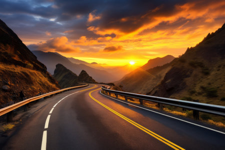 Mesmerizing Sunrise Serenade: Adorned Asphalt Highway, Majestic Mountains, and Skyline Sceneryの素材