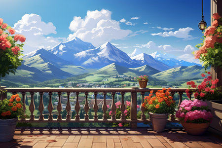 Sweeping Panorama: A Stunning Sunny Day Terrace with a Breathtaking Mountain Landscapeの素材