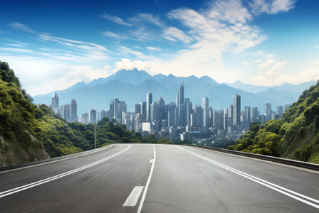 Serenity Amidst Urban Exploration: A Mesmerizing Blend of Mountains, City Skylines, and Asphalt Roads in Irag439995 Relaxed_96 Sceneryの素材