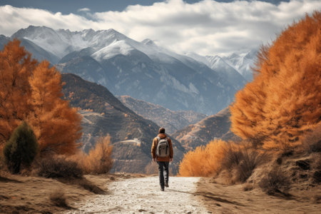 Embracing the Autumn Trail: Capturing the Back View of a Determined Male Hikerの素材