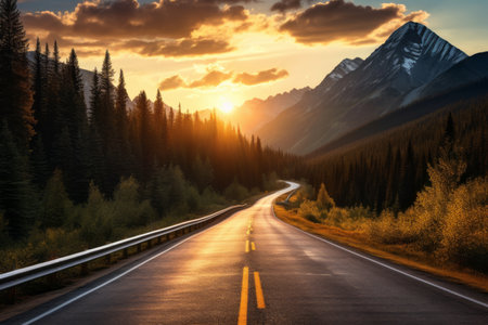 The Majestic Merge: The Serene Symphony of Asphalt, Green Forest, and Mountain Natural Sceneryの素材