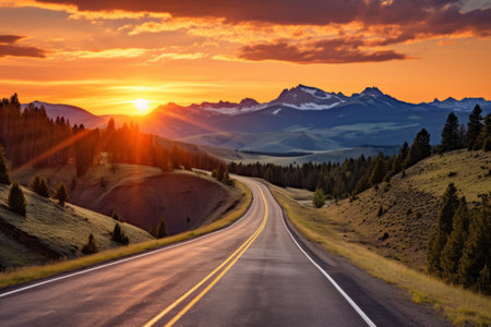 Captivating Scenic Highway: Majestic American Rocky Mountains amidst a Colorful Summer Sunrise over St. Mary, Montanaの素材