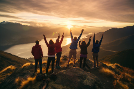 Triumphant Triumph: A Grand Adventure of Victorious Souls, Celebrating with Raised Arms on Majestic Mountain Tops at Sunset Lakes and Mountainsの素材