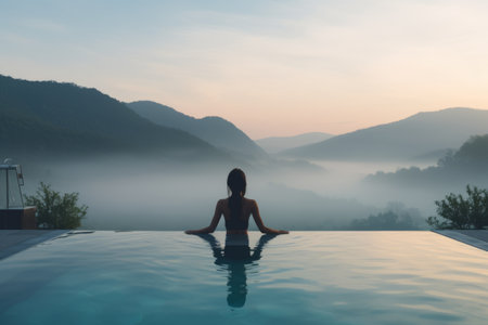 The Serene Escape: A Young Adult Woman Embraces Infinite Tranquilityの素材