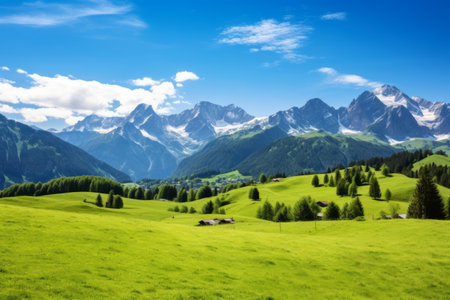 Captivating Alpine Landscape: A Serene Blend of Meandering Meadows, Majestic Snowcapped Mountains, and Tranquil Panorama in Oberstdorf, Bavaria, Germanyの素材