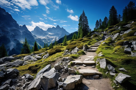 A Picturesque Scene: Unraveling the Beauty of the Green Alps, Stone Rocks, Trees, and the Majestic Skies in the Mountain Parkの素材