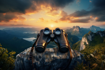 Spectacular Sunset Views: Binoculars on Top of Rock Mountainの素材