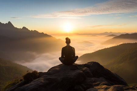 Serenity at Sunrise: Captivating Back View of a Yogi Performing Yoga in the Majestic Mountainsの素材