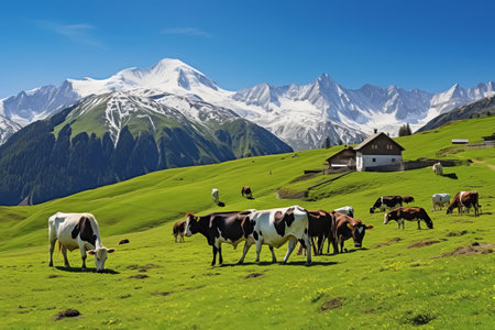 Tranquil Beauty: Captivating Rural Alpine Landscape with Grazing Cowsの素材
