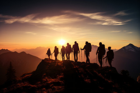 Glorious Sunset Overwhelms a Multicultural Team of Adventurous Hikers at the Mountain Summitの素材