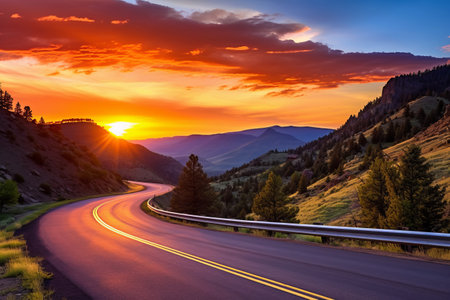 Captivating Sunrise Over Scenic Highway: American Rocky Mountain Landscape Shines in St. Mary, Montanaの素材