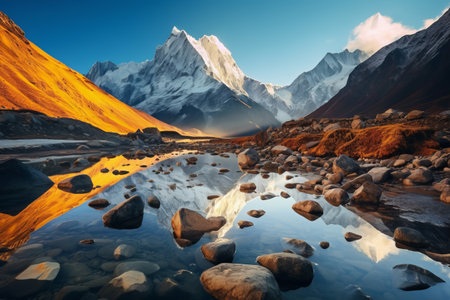 Majestic Sunrise: A Spectacular Himalayan Landscape Embodied with High Rocks, Illuminated Peaks, and an Enchanting Mountain Lakeの素材