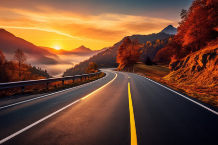 Enchanting Sunset Palette: A Captivating Journey along Vibrant Black Asphalt Roadsの素材