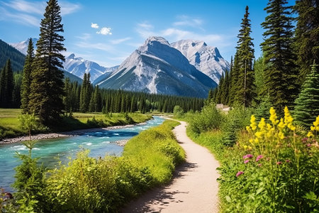 The Majestic Bow River Trail and the Stunning Sulphur Mountain Range in Summerの素材