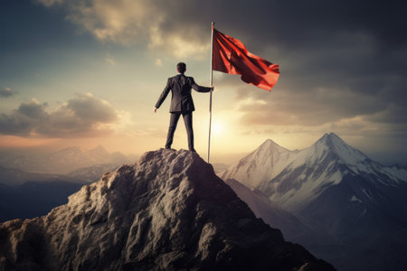 Scaling New Heights: The Businessman's Flag of Success on the Mountain Topの素材