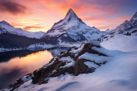 Captivating Sunrise: Snow-covered Rocky Mountain Ridge at Riffelsee in Switzerlandの素材