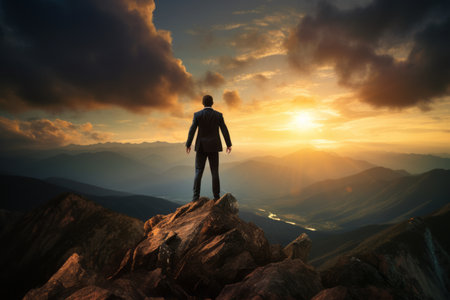 Triumphant Businessman Conquering the Summit of Rock Mountain: Symbolizing Leadership and Success at Sunsetの素材