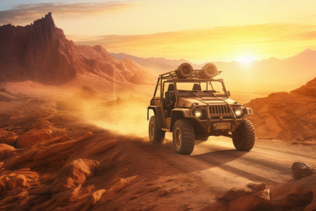 Unforgettable Adventure: Exploring a Buggy Trip in the Enchanting Stone Desert at Sunset Mountain Landscapeの素材