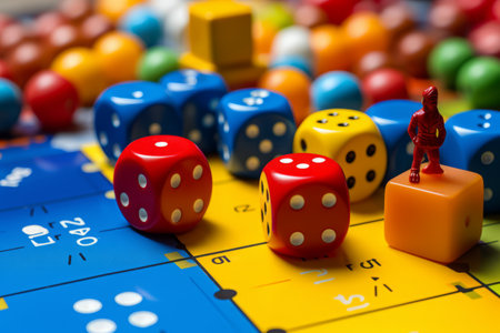 Burst of Colors: A Close-up of Vibrant Play Figures and Dice on the Game Boardの素材