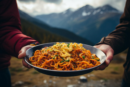 Noodles at Hand: Captivating Close-Up Shot of a Dish Filled with Delightful Flavors _96の素材