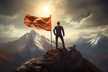 Conquering Heights: The Thriving Businessman Flagging Success on Mountain Topsの素材
