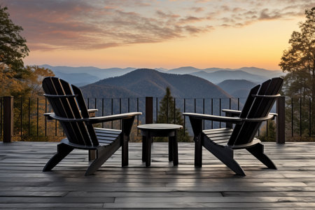 Serenity Unleashed: Mountain Gazing on a Cabin Terrace with Black Wooden Chairs at Sunset - Captivating Views at Relaxation Zone 94の素材