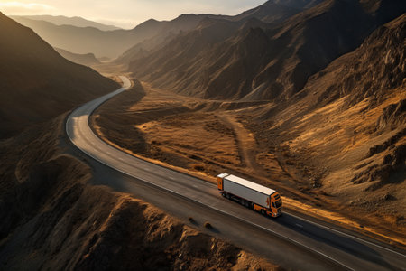 Scenic Aerial View of Cargo Truck Delivering Goods on Mountainous Highway: Captivating Drone Photographyの素材