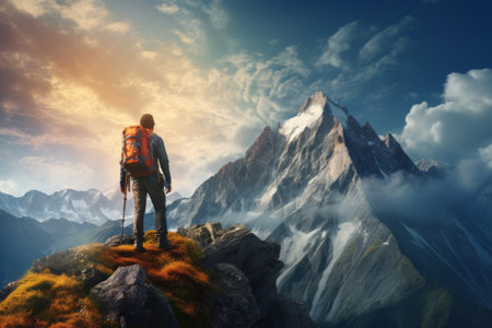 Conquering the Heights: Climber Triumphs over Mountain Peak, Hiker with Backpackの素材